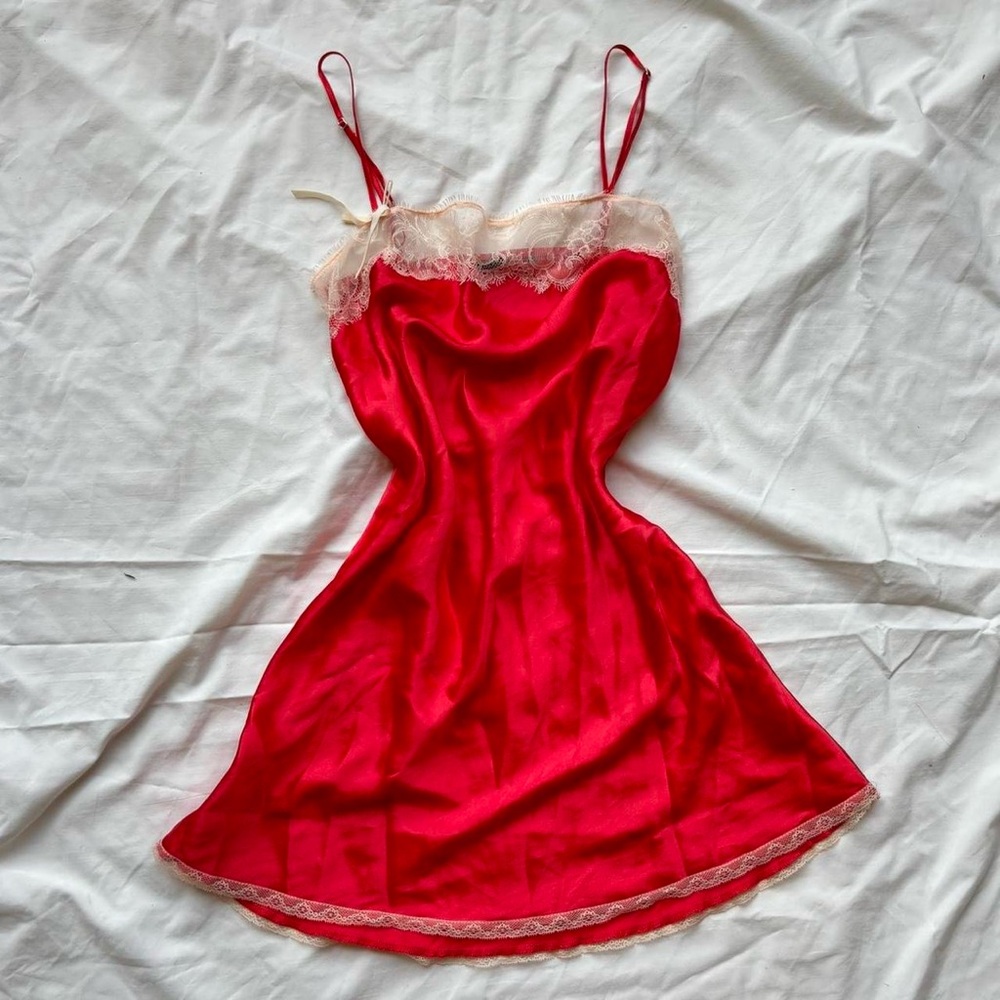 victoria’s secret red satin slip dress pink white floral lace & bows mini dress